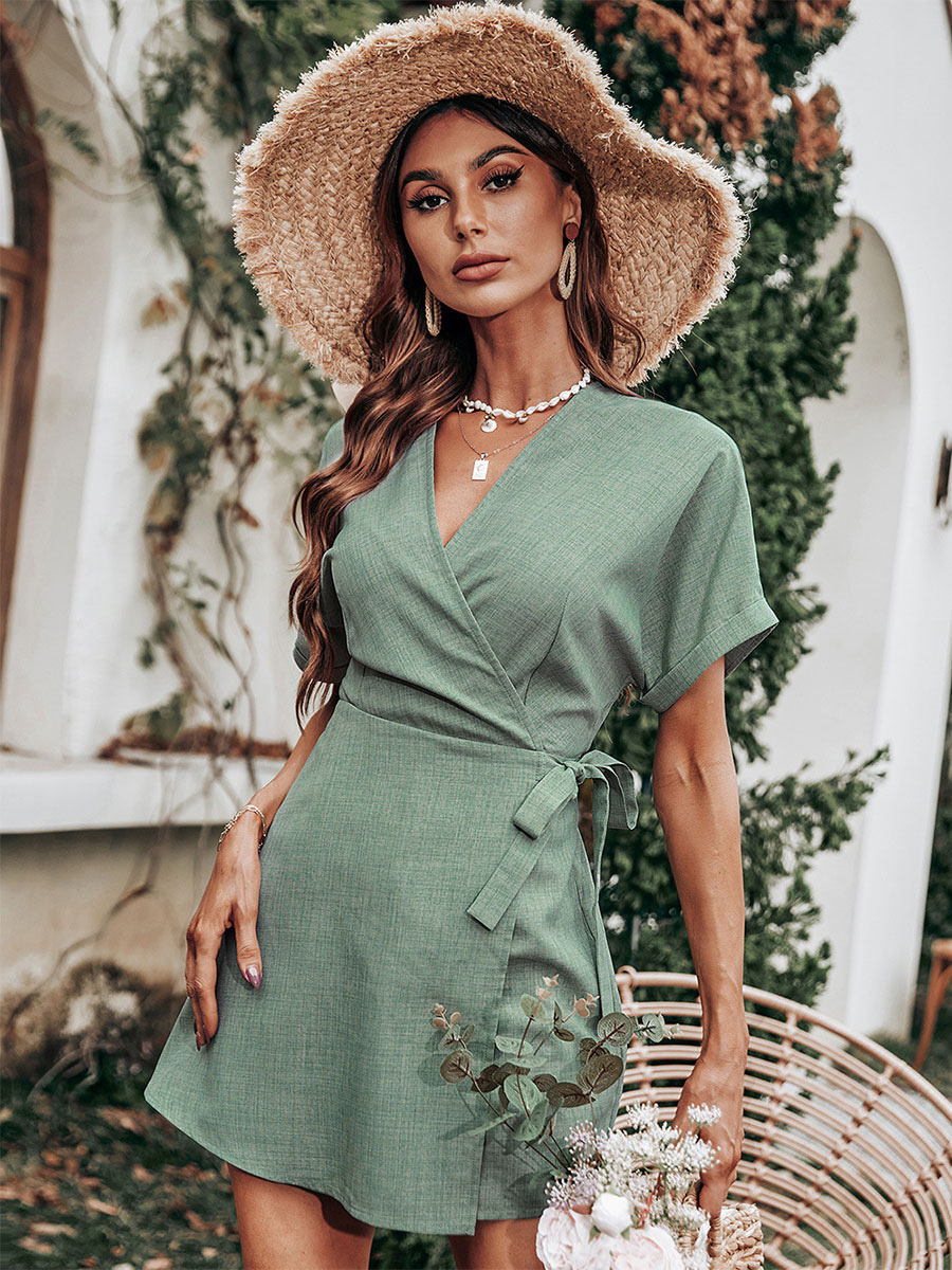 Women's Clothing Jumpsuits & Rompers | Green V-Neck Short Sleeves Asymmetrical Polyester Wide Summer Playsuit - DZ69267