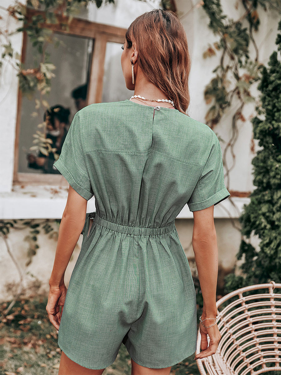 Women's Clothing Jumpsuits & Rompers | Green V-Neck Short Sleeves Asymmetrical Polyester Wide Summer Playsuit - DZ69267