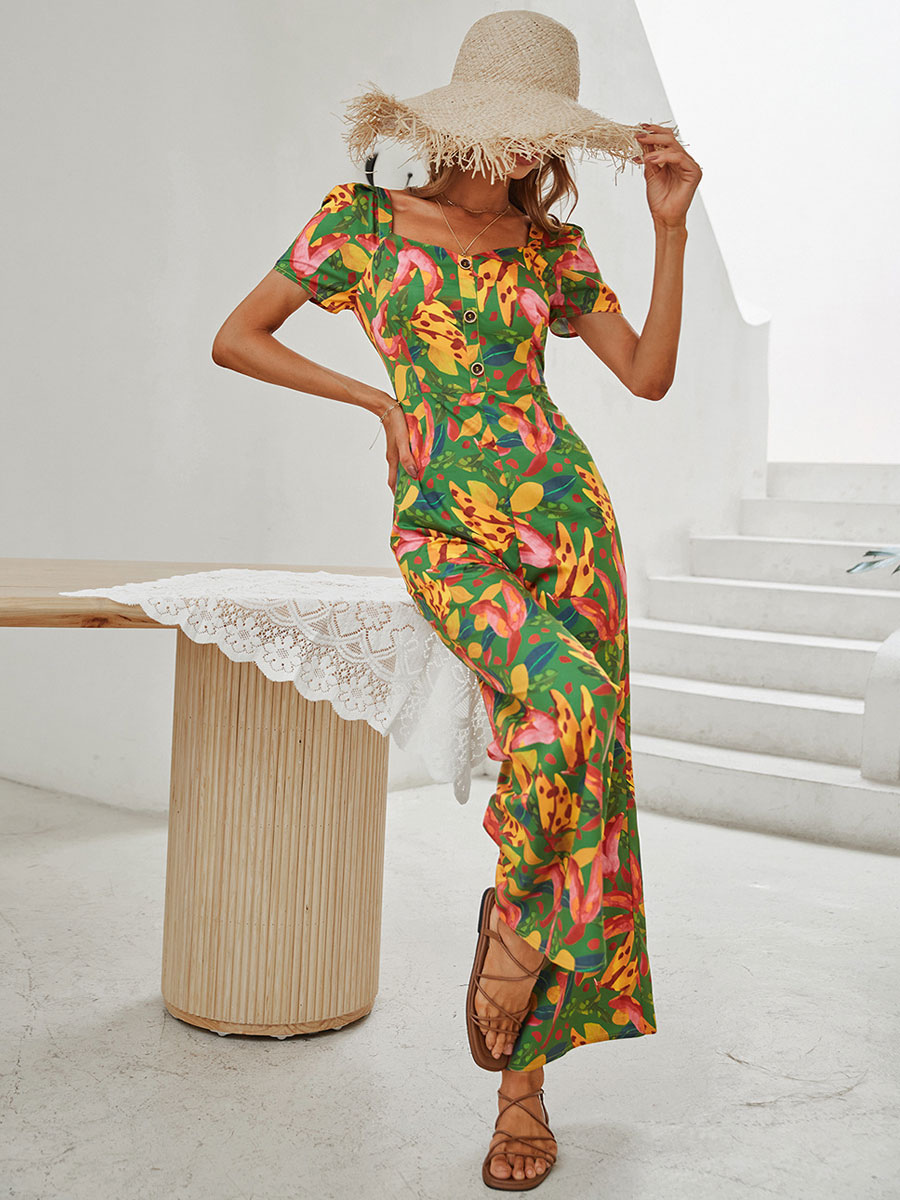 Women's Clothing Jumpsuits & Rompers | Green Floral Print Queen Anne Neck Short Sleeves Backless Polyester Wide Summer One Piece