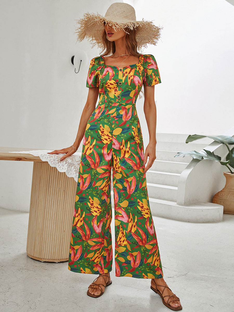 Women's Clothing Jumpsuits & Rompers | Green Floral Print Queen Anne Neck Short Sleeves Backless Polyester Wide Summer One Piece