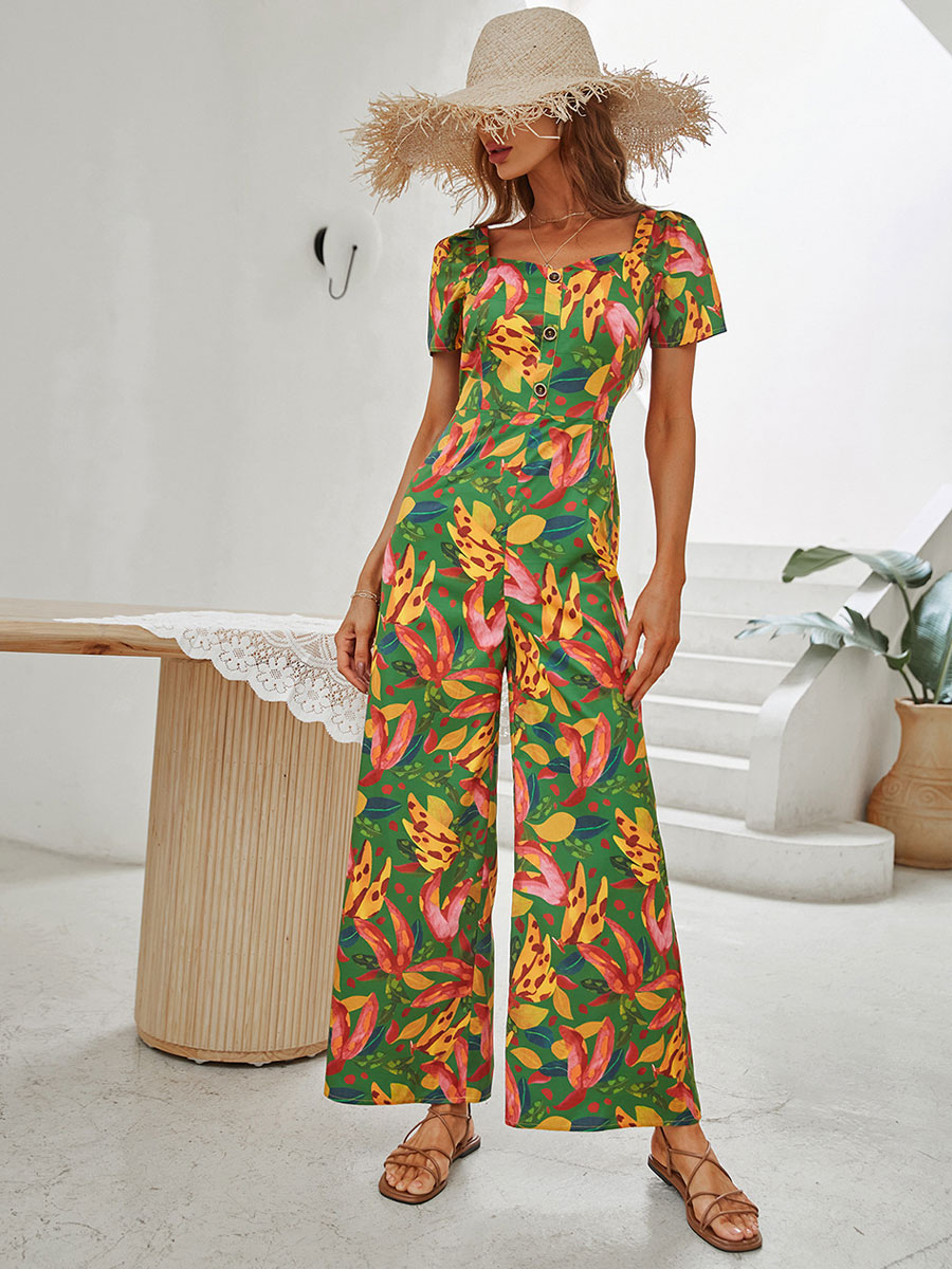 Women's Clothing Jumpsuits & Rompers | Green Floral Print Queen Anne Neck Short Sleeves Backless Polyester Wide Summer One Piece