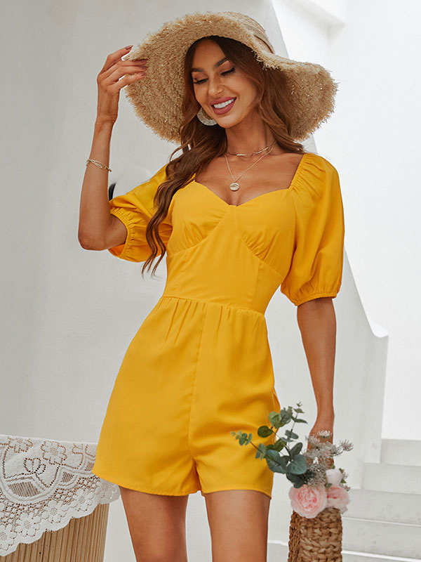 Women's Clothing Jumpsuits & Rompers | Yellow Queen Anne Neck Short Sleeves Backless Polyester Wide Summer Playsuit - EW81419