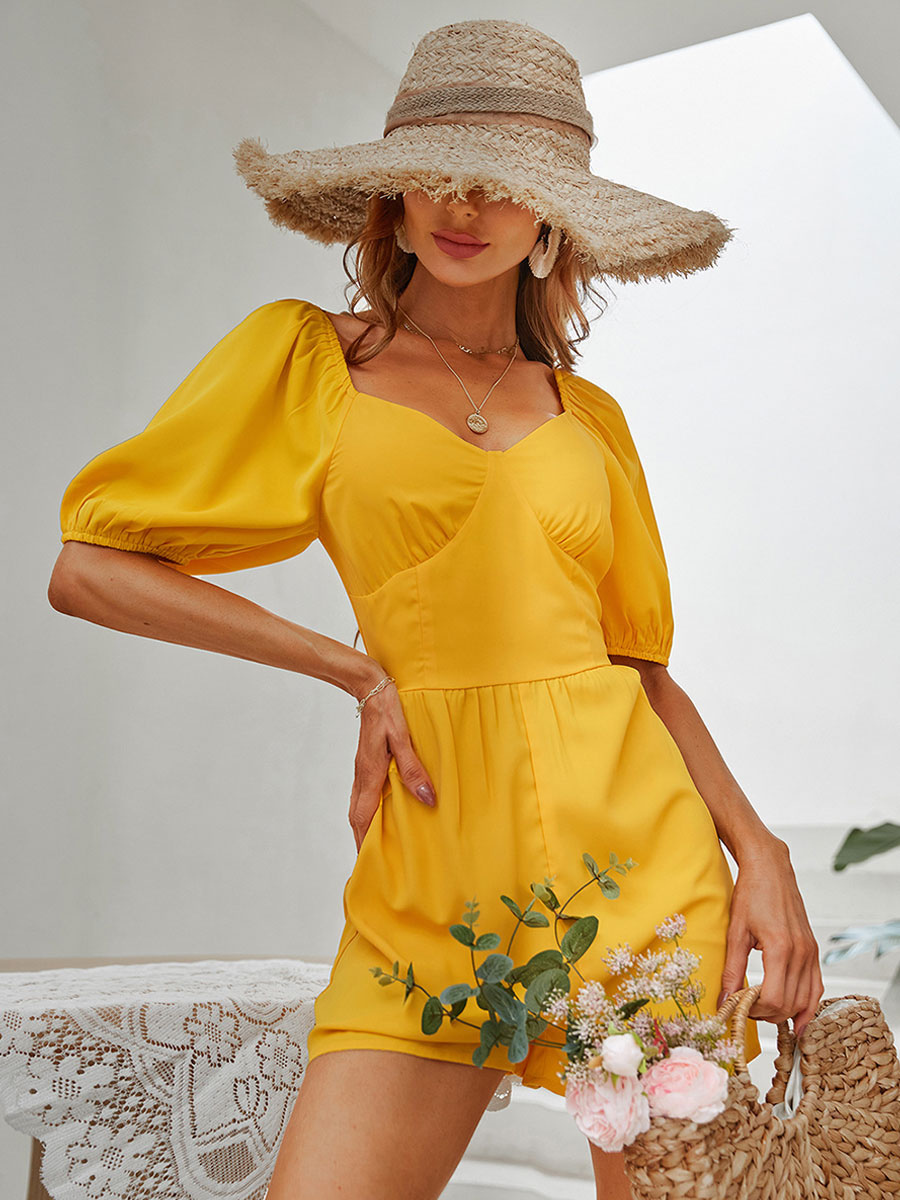 Women's Clothing Jumpsuits & Rompers | Yellow Queen Anne Neck Short Sleeves Backless Polyester Wide Summer Playsuit - EW81419