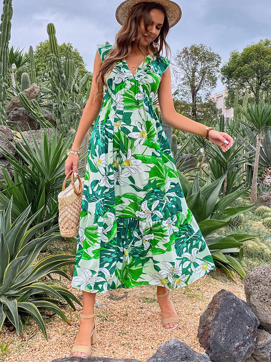 Women's Clothing Dresses | Maxi Dress V-Neck Sleeveless Polyester Casual Floral Print Layered Long Dress - II64791