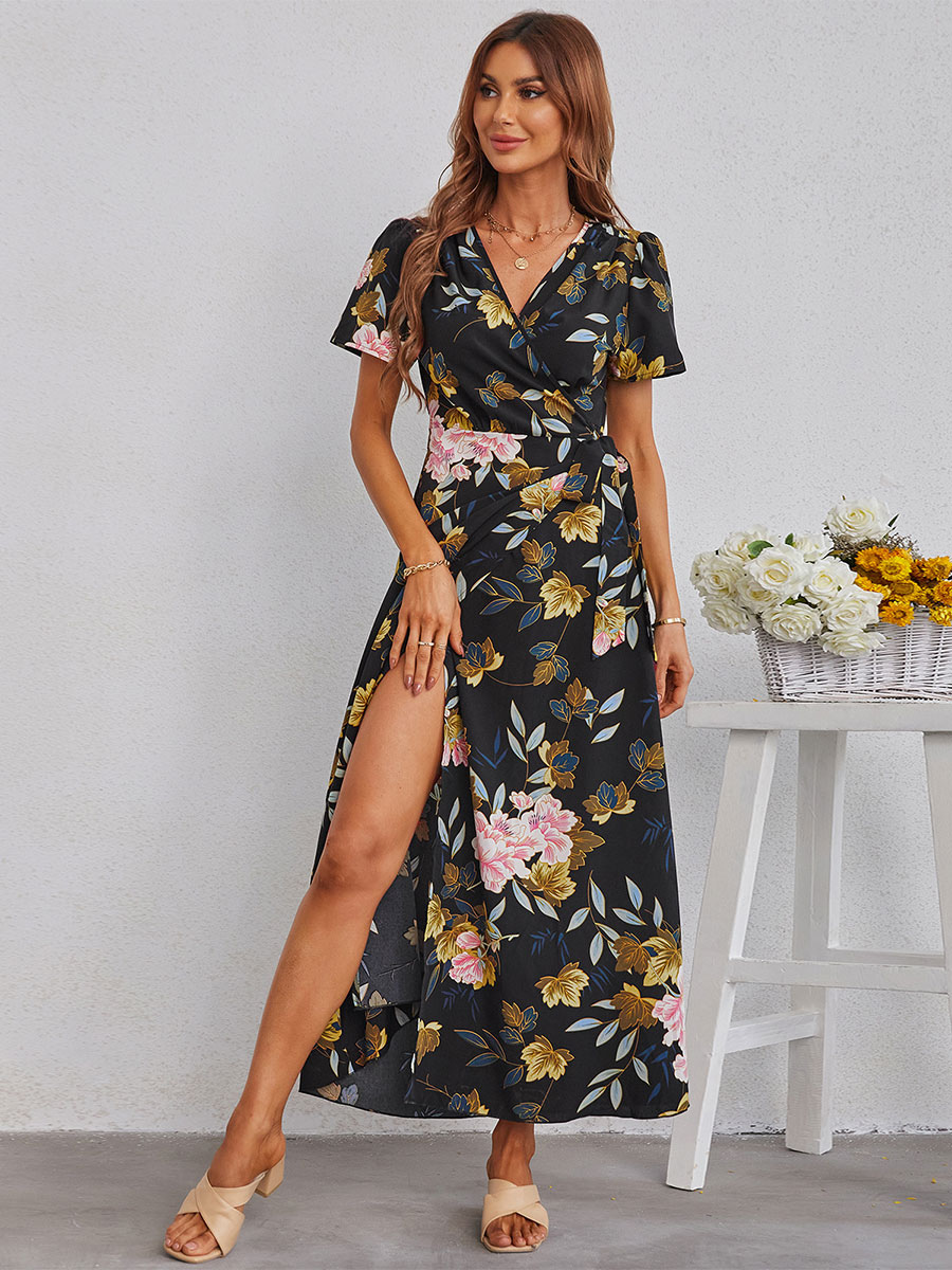 Women's Clothing Dresses | Maxi Dress V-Neck Short Sleeves Polyester Printed Floor Length Dress - FE89495