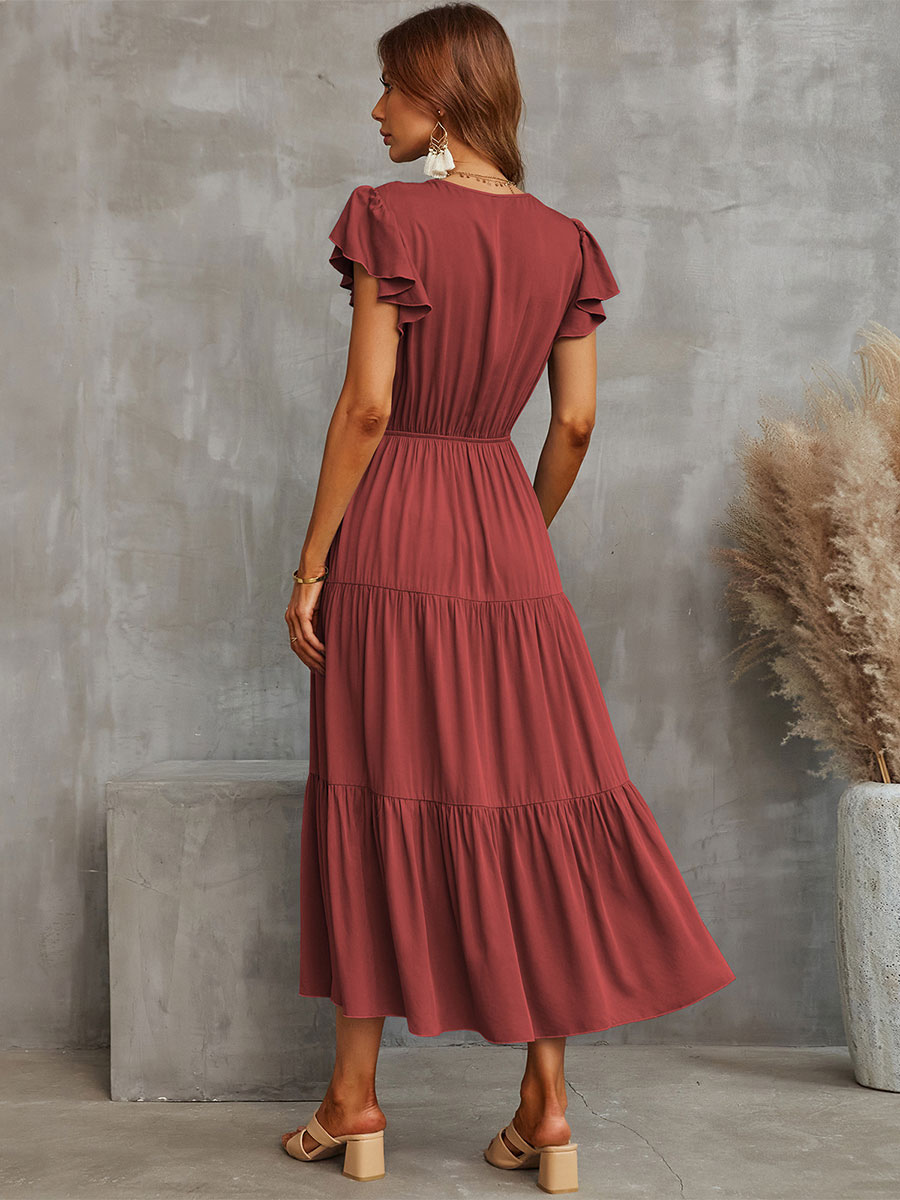 Women's Clothing Dresses | V-Neck Maxi Dress Short Sleeves Polyester Floor Length Dress - OZ35065