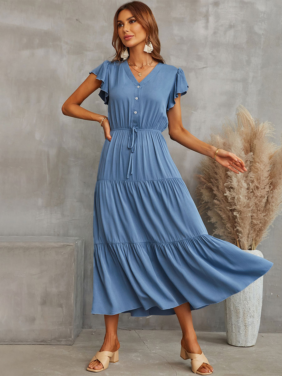 Women's Clothing Dresses | V-Neck Maxi Dress Short Sleeves Polyester Floor Length Dress - OZ35065