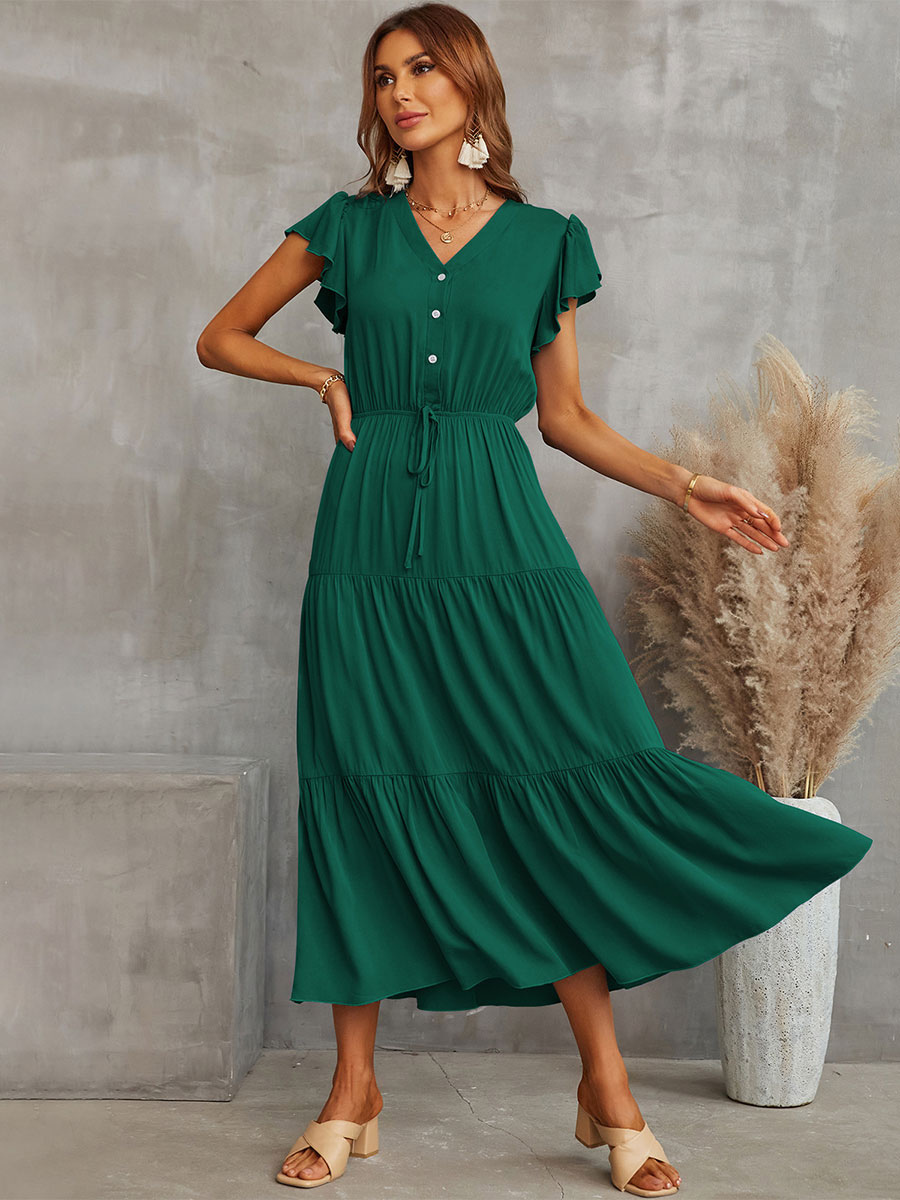 Women's Clothing Dresses | V-Neck Maxi Dress Short Sleeves Polyester Floor Length Dress - OZ35065