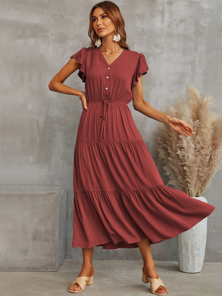 Women's Clothing Dresses | V-Neck Maxi Dress Short Sleeves Polyester Floor Length Dress - OZ35065