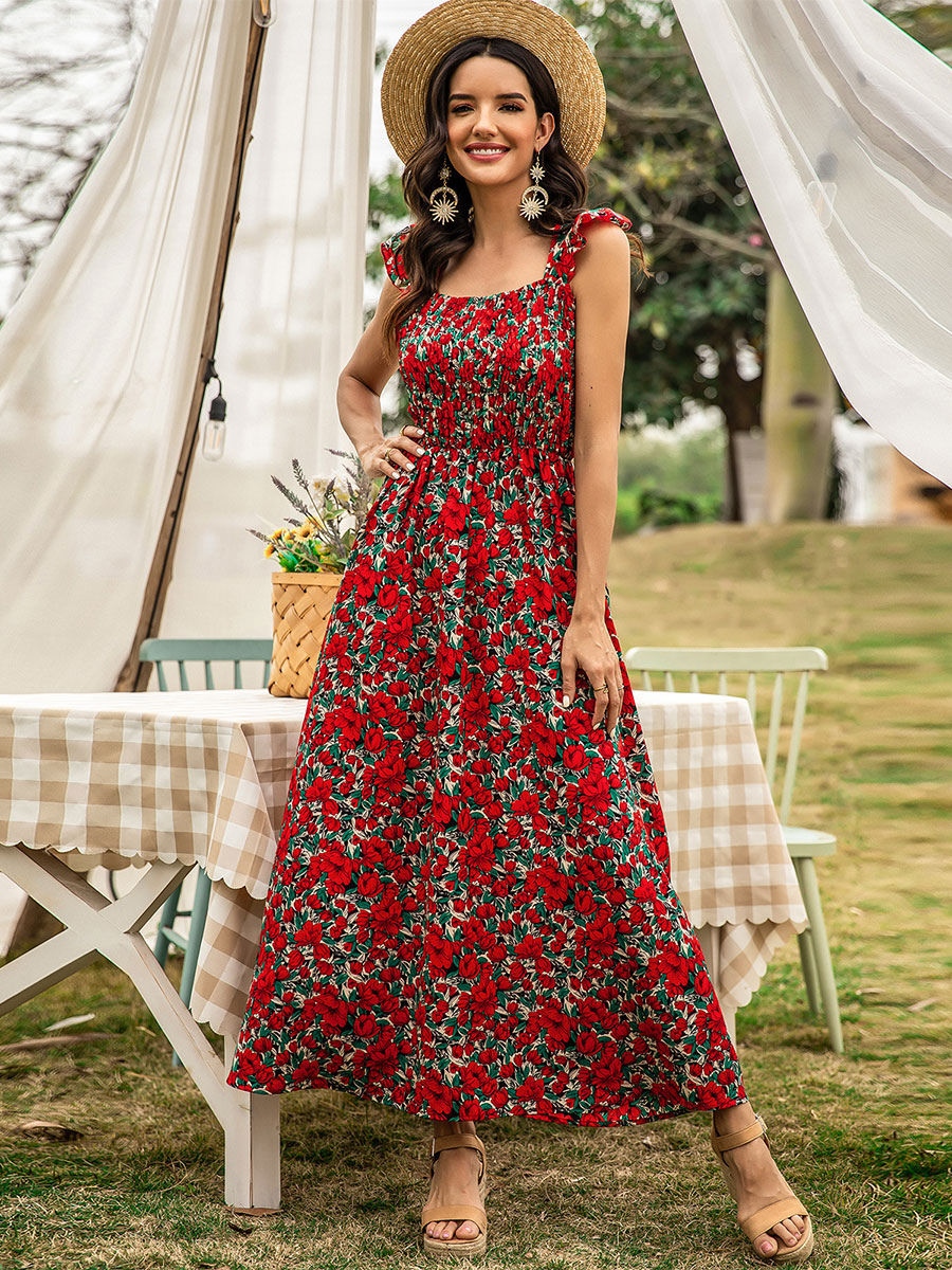 Women's Clothing Dresses | Maxi Dress Square Neck Sleeveless Polyester Printed Long Dress - BG29165