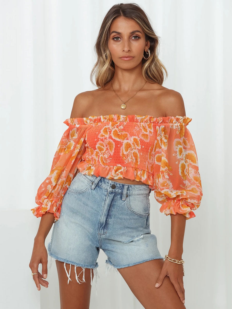 Women's Clothing Tops | Blouse For Women Orange Floral Print Bateau Neck Casual Long Sleeves Polyester Tops - VJ05005