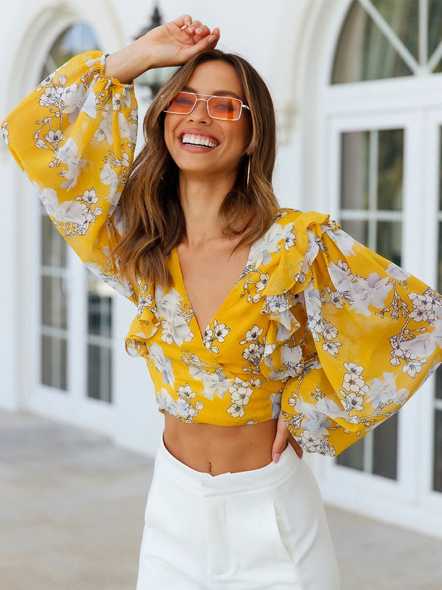 Women's Clothing Tops | Shirt For Women Yellow Floral Print V-Neck Casual Long Sleeves Polyester Tops - EP65121