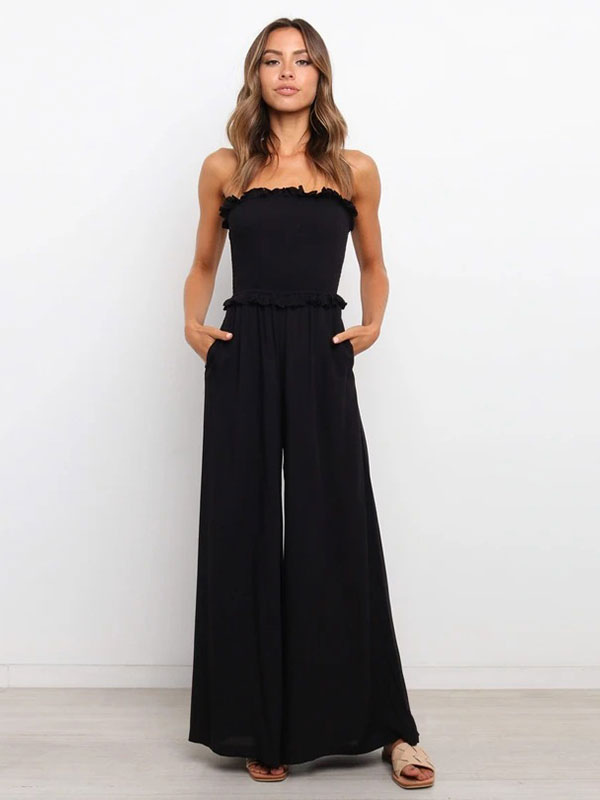 Women's Clothing Jumpsuits & Rompers | Black Bateau Neck Sleeveless Polyester Wide Summer Playsuit - QR88944