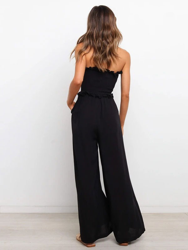 Women's Clothing Jumpsuits & Rompers | Black Bateau Neck Sleeveless Polyester Wide Summer Playsuit - QR88944