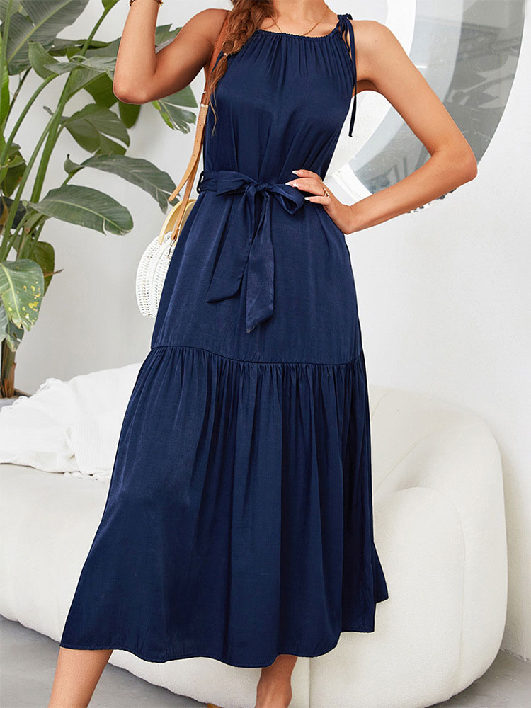 Women's Clothing Dresses | Maxi Dress Straps Neck Sleeveless Polyester Floor Length Dress - VG38132