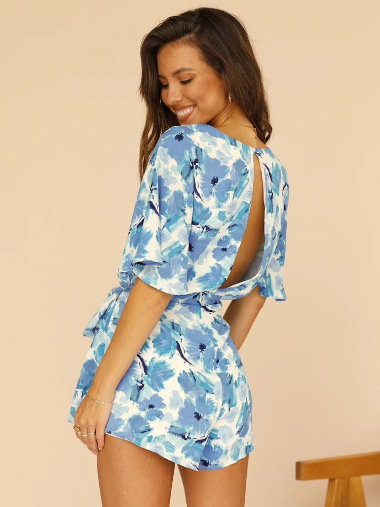 Women's Clothing Jumpsuits & Rompers | Blue Short Sleeves Polyester Summer One Piece Outfit - LC95608