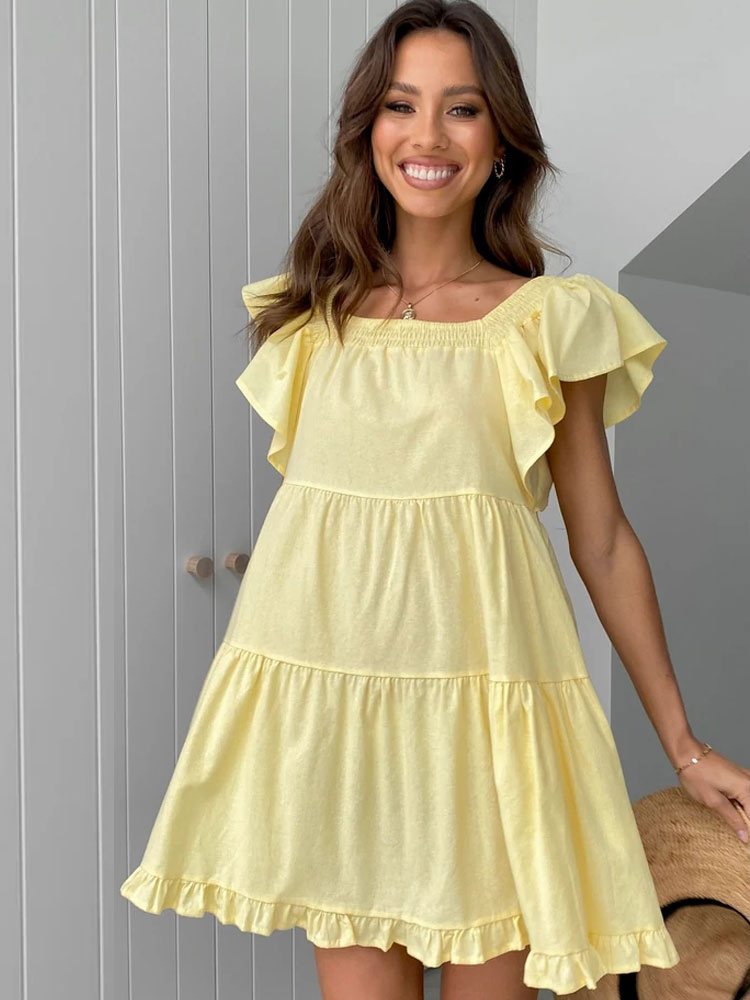 Moda Mujer Vestidos | Vestido de verano Vestido de playa corto amarillo - TA19261