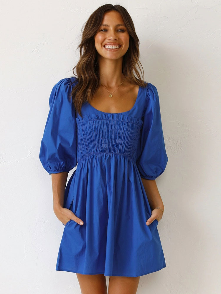 Moda Mujer Vestidos | Mini Vestidos Azul Mangas Cortas Poliéster Vestido Corto - XM17337