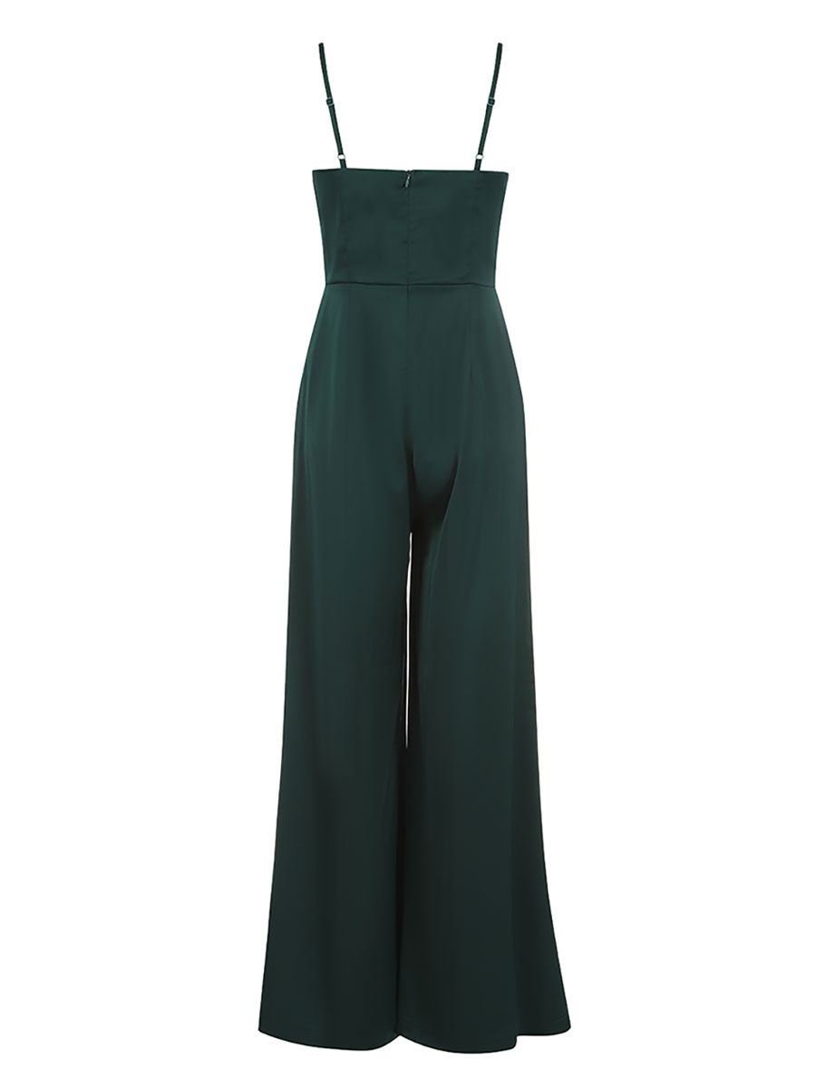 Women's Clothing Jumpsuits & Rompers | Dark Green Straps Neck Sleeveless Zipper Polyester Straight Summer One Piece Outfit - AX7