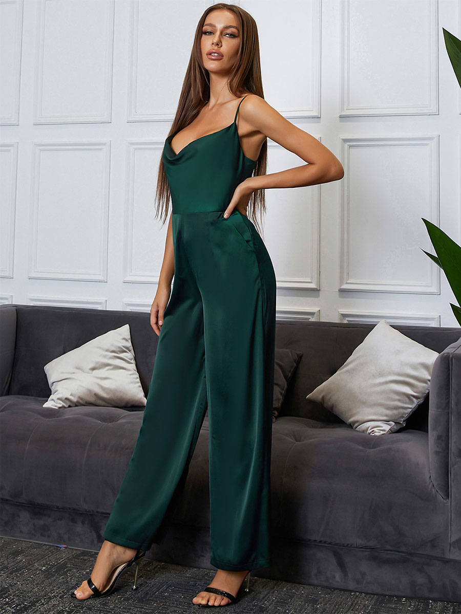 Women's Clothing Jumpsuits & Rompers | Dark Green Straps Neck Sleeveless Zipper Polyester Straight Summer One Piece Outfit - PB10594