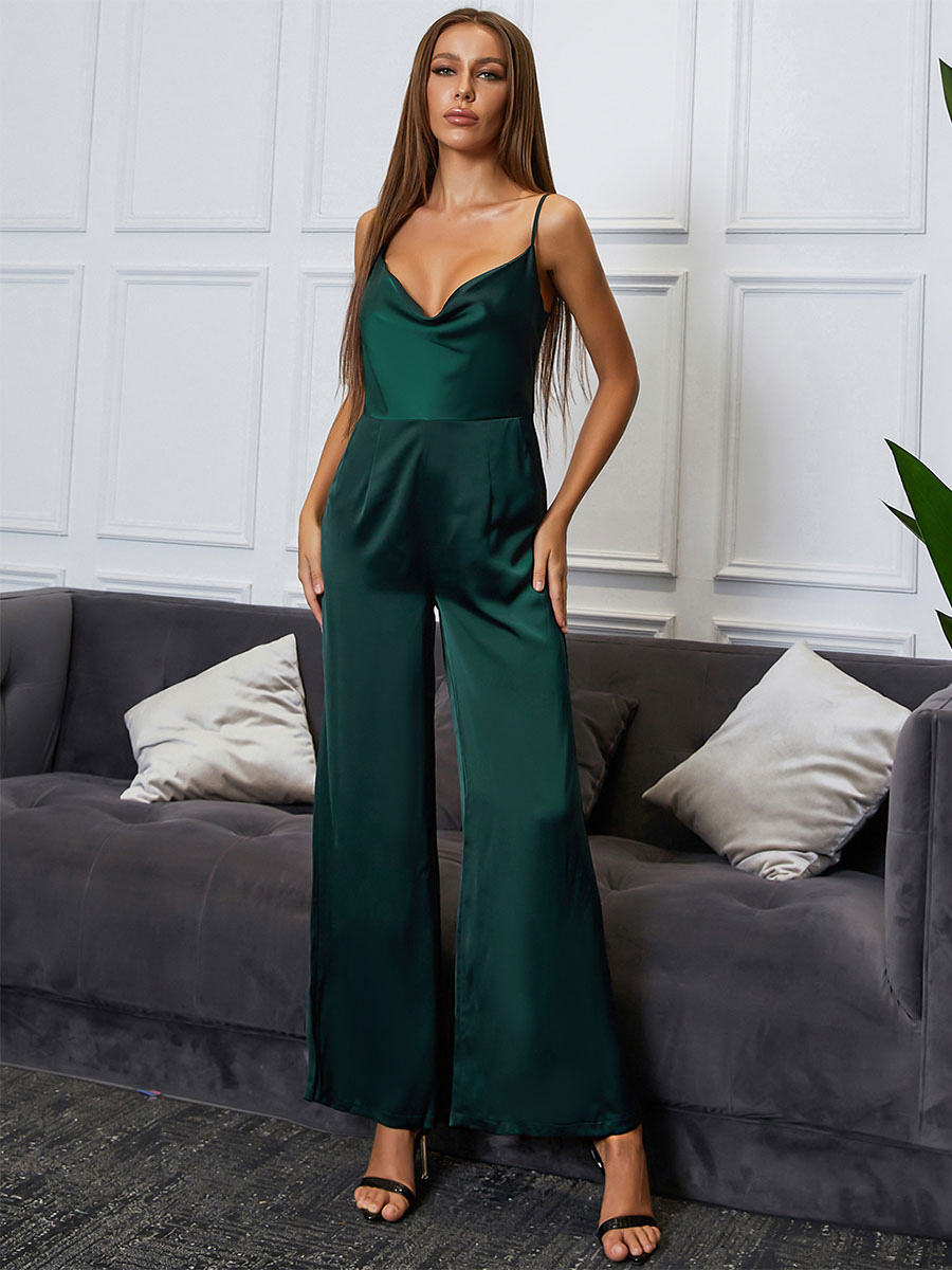 Women's Clothing Jumpsuits & Rompers | Dark Green Straps Neck Sleeveless Zipper Polyester Straight Summer One Piece Outfit - PB10594