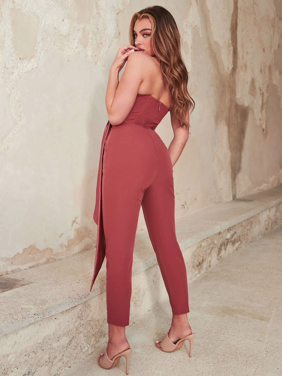 Women's Clothing Jumpsuits & Rompers | Lotus Pink Strapless Sleeveless Sash Polyester Cropped Summer One Piece Outfit - BC99163