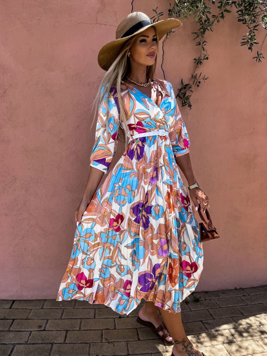 Women's Clothing Dresses | V-Neck Maxi Dress Half Sleeves Polyester Sexy Layered Floor Length Dress - XN49700