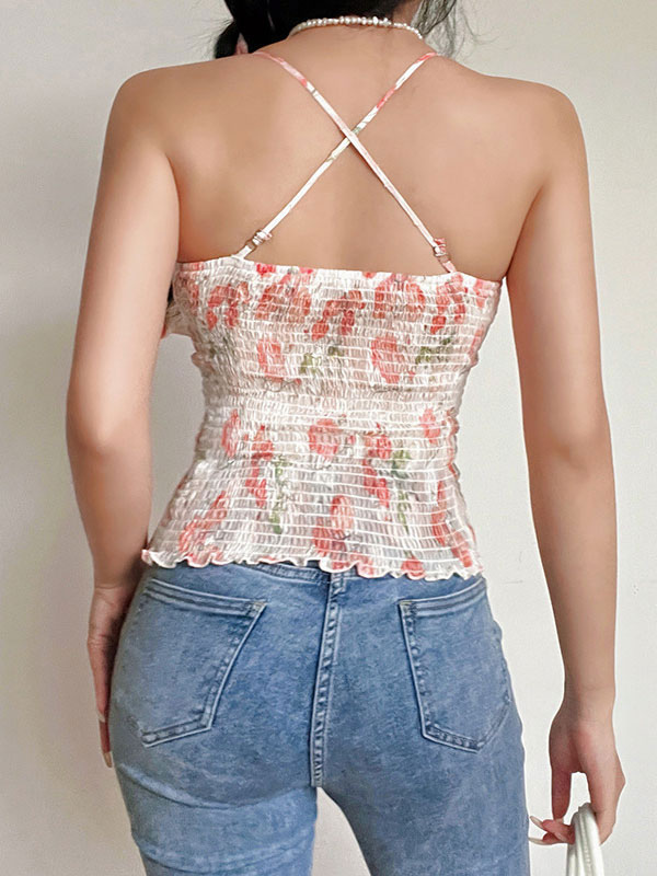 Women's Clothing Tops | Pink Cami Top Straps Neck Floral Print Sexy Polyester Women Camis - IF46666