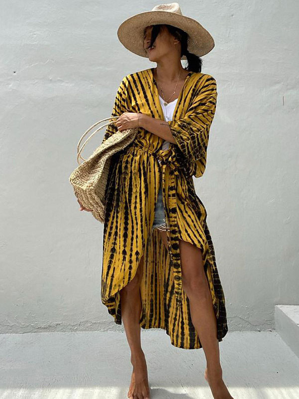Mode Femme Maillot de Bain Femmes | Couvre-maillot Femme Longue Imprimé avec Manches Longues Bicolores - HZ69217