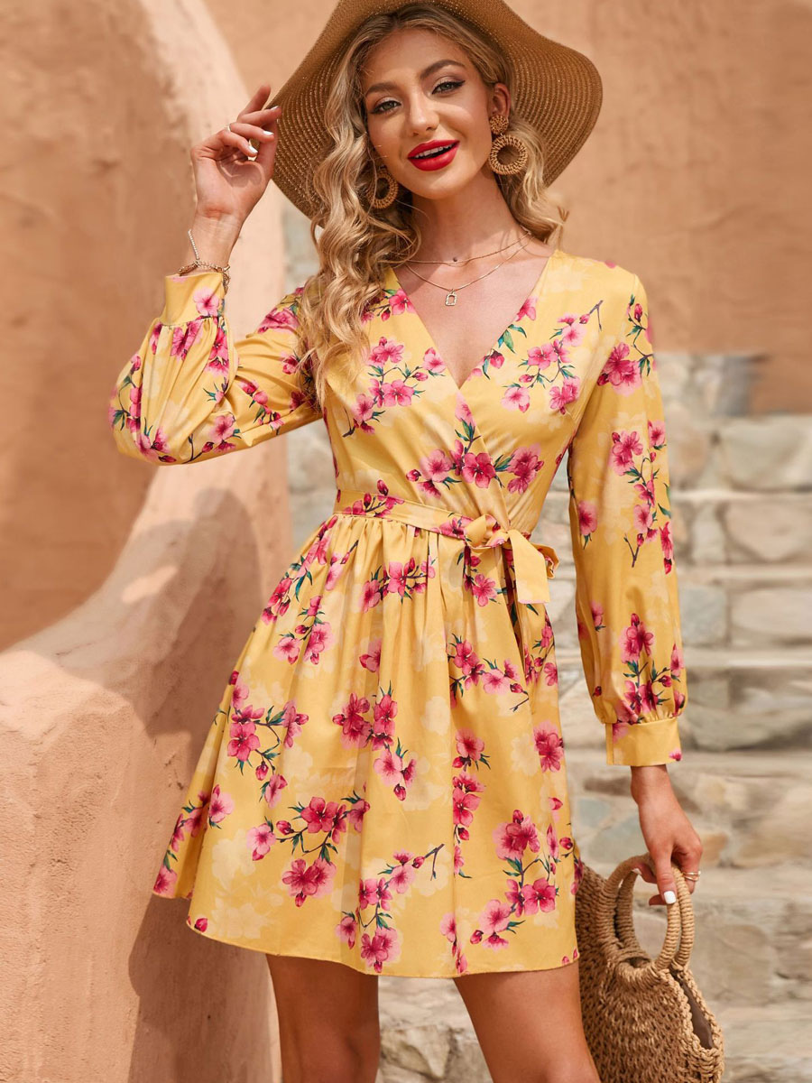 Moda Mujer Vestidos | Vestidos Mini Vestido corto de poliéster de manga larga con estampado floral amarillo - GE49320