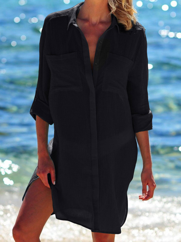 Mode Femme Maillot de Bain Femmes | Couvre-maillot Courte Femme avec Manches Longues Unicolore - XF76554