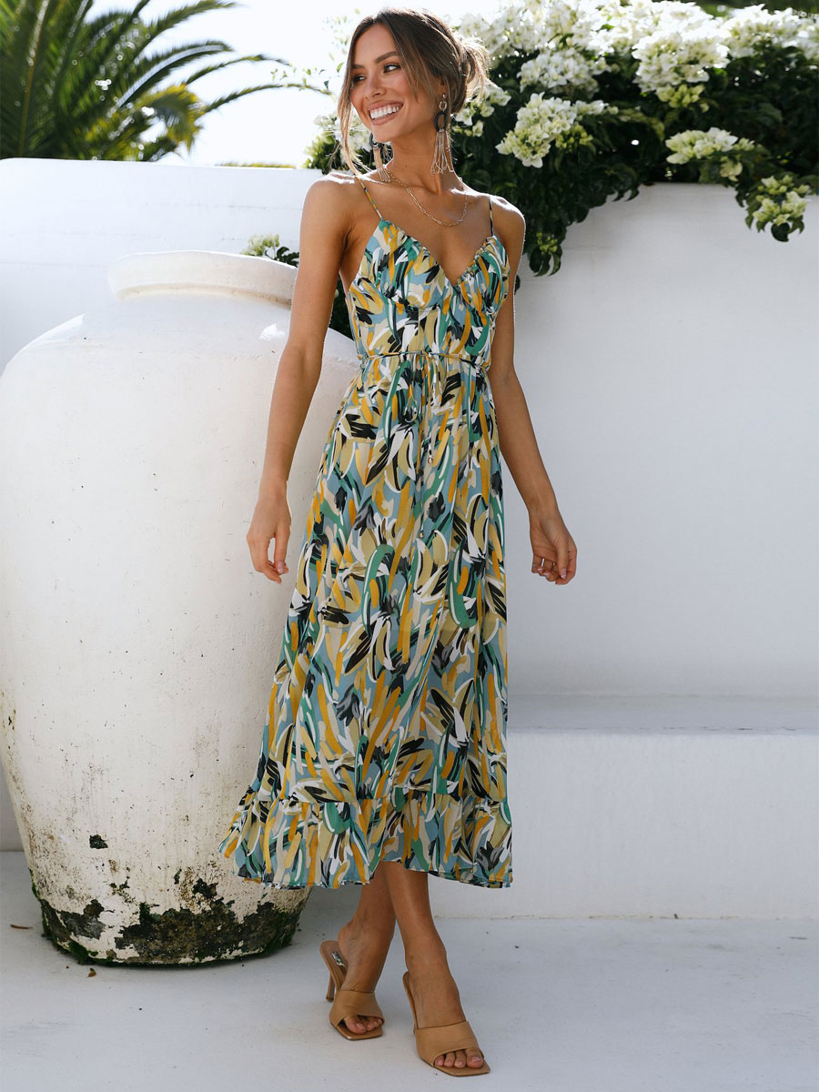 Women's Clothing Dresses | Maxi Dress V-Neck Sleeveless Polyester Printed Floor Length Dress - SN56592