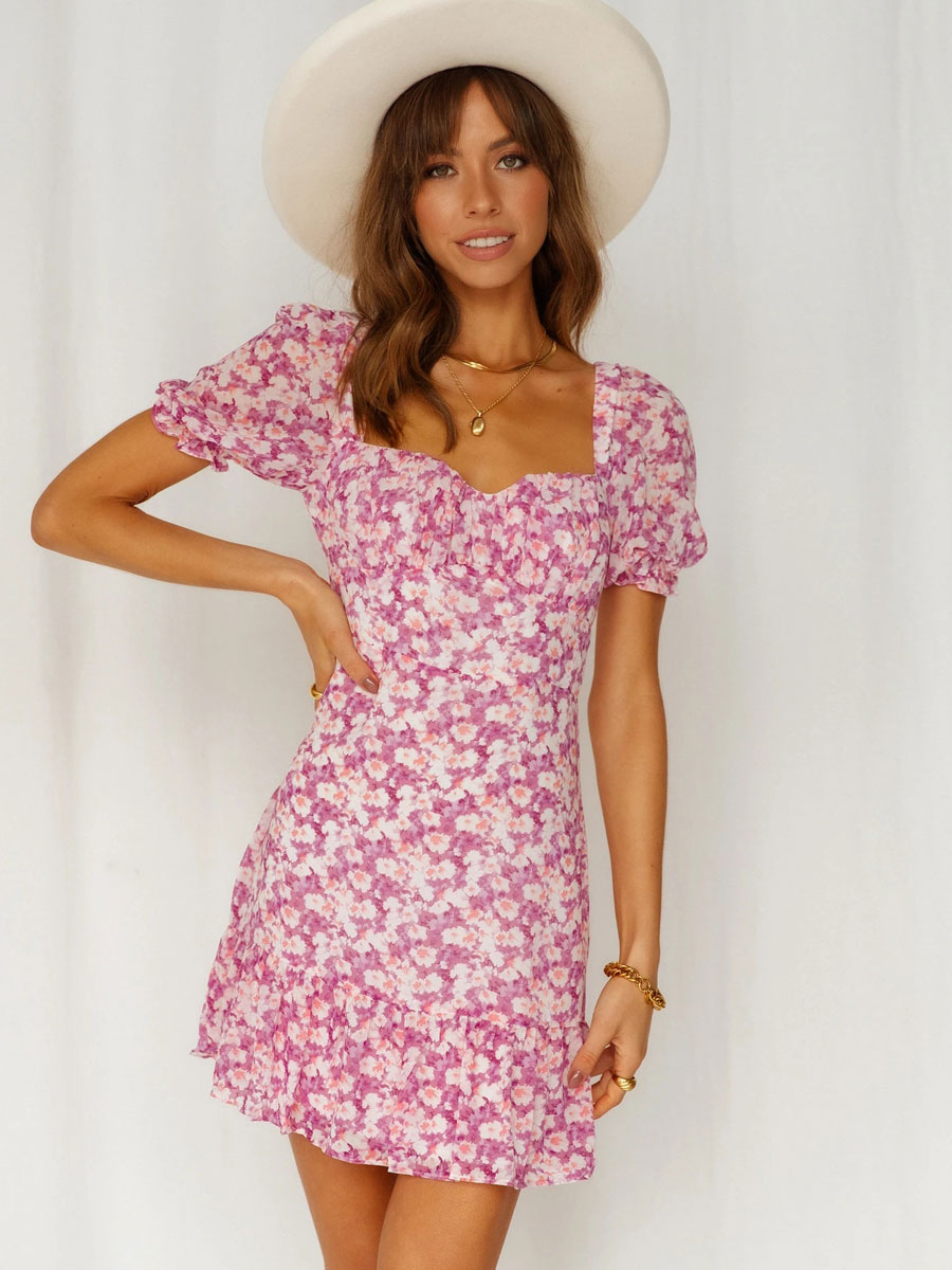 Moda Mujer Vestidos | Vestido de verano cuello cuadrado estampado rosa corto vestido de playa - LE50097