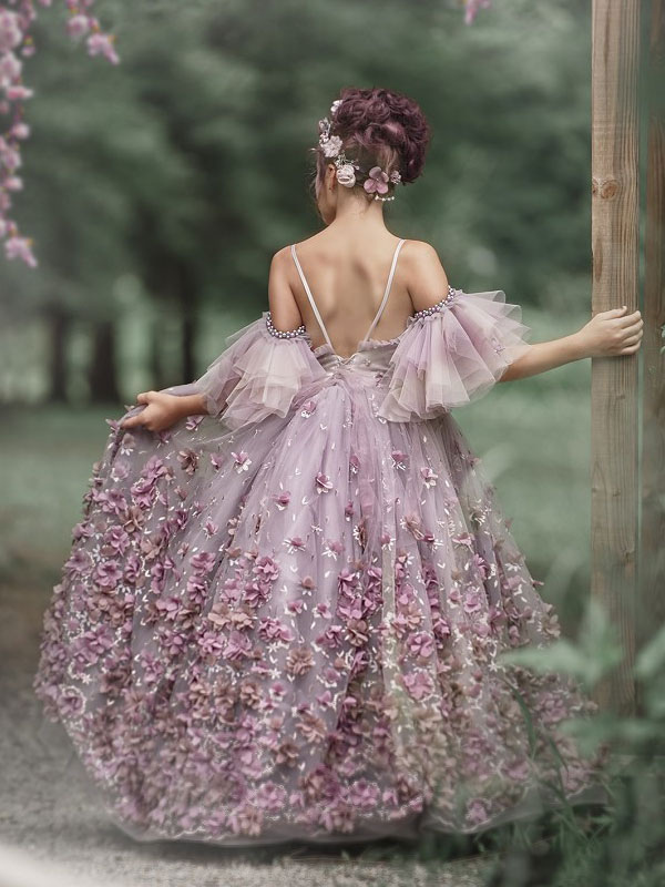 Mariage Robes de soirée pour mariage | Robe de Demoiselle d'Honneur Fille Tulle Fleurs Bustier Manches Courtes Rose Fuchsia - LA38602