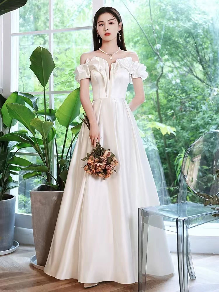 Boda Vestidos de Fiesta | Vestido de novia simple A-Line Bateau Neck Mangas cortas Vestidos de novia plisados - GK51379