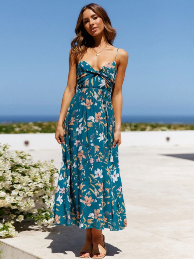 Women's Clothing Dresses | Maxi Dress V-Neck Sleeveless Polyester Printed Long Dress - NS18564