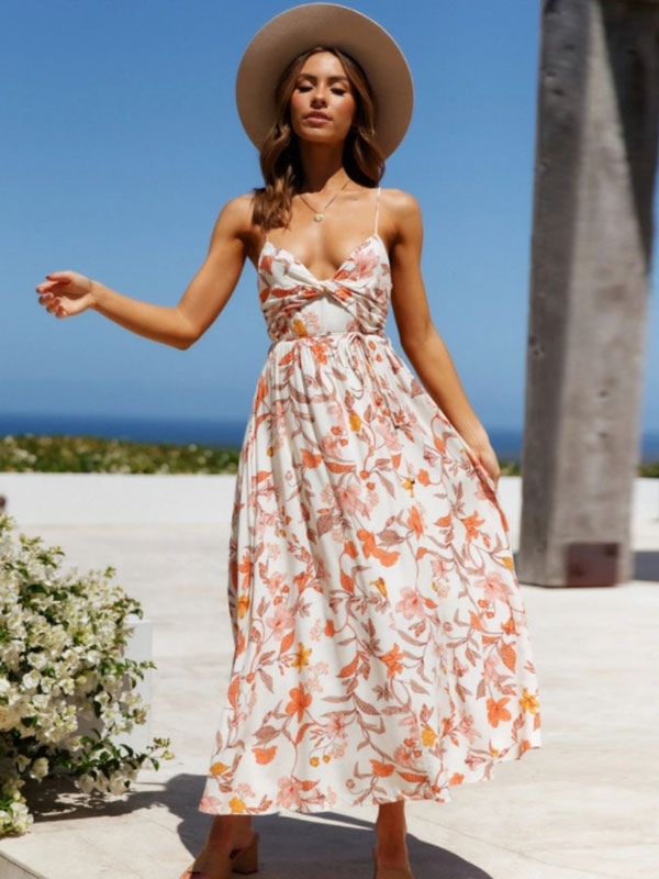 Women's Clothing Dresses | Maxi Dress V-Neck Sleeveless Polyester Printed Long Dress - NS18564