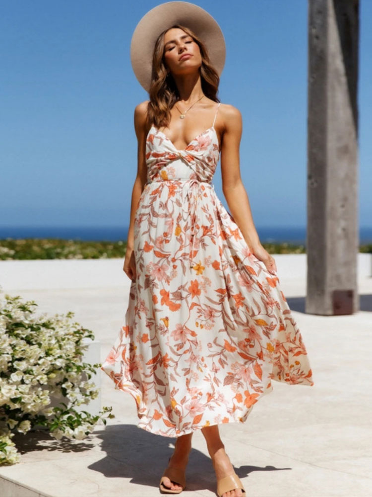 Women's Clothing Dresses | Maxi Dress V-Neck Sleeveless Polyester Printed Long Dress - NS18564