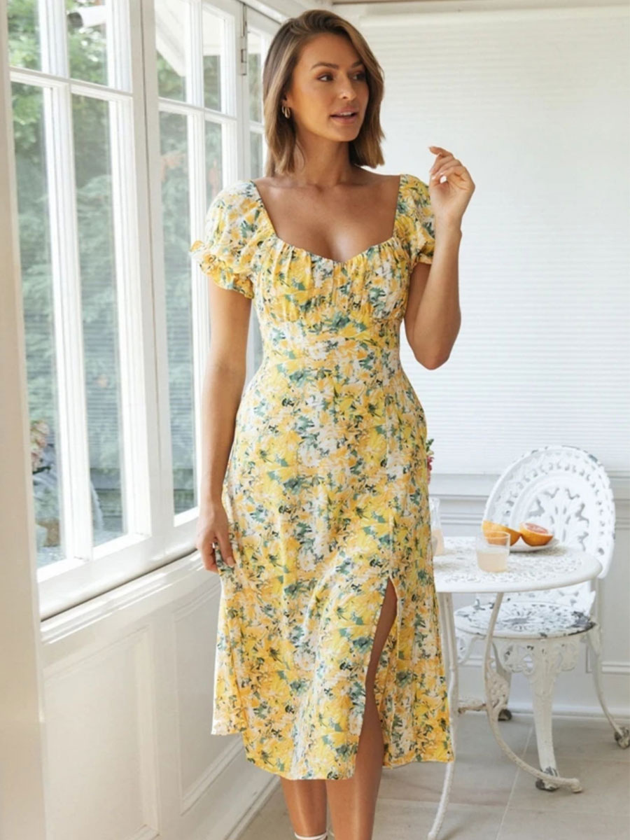 Women's Clothing Dresses | V-Neck Maxi Dress Short Sleeves Polyester Printed Long Dress - IO77676