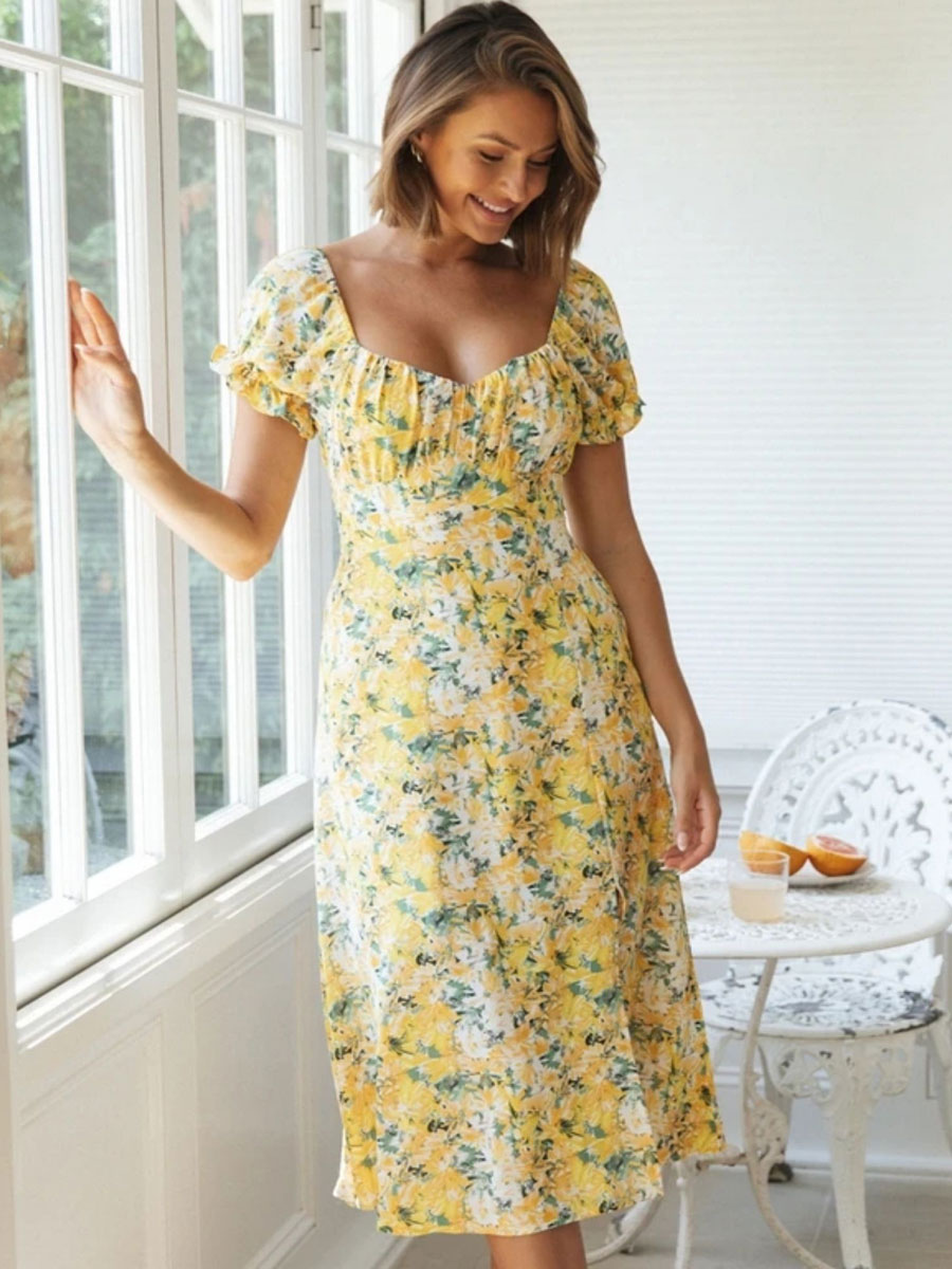 Women's Clothing Dresses | V-Neck Maxi Dress Short Sleeves Polyester Printed Long Dress - IO77676