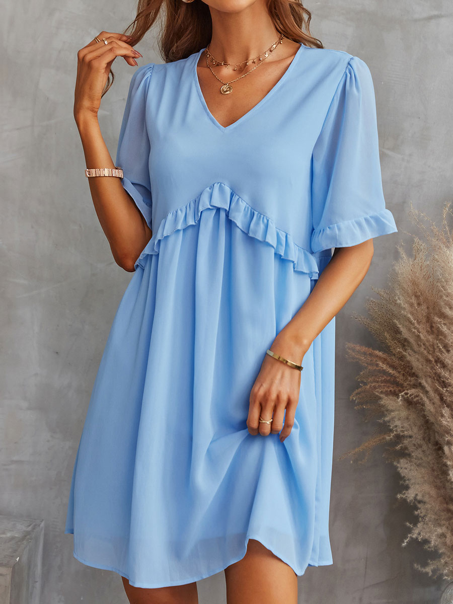 Women's Clothing Dresses | Summer Dress V-Neck Light Sky Blue Short Beach Dress - JI12144