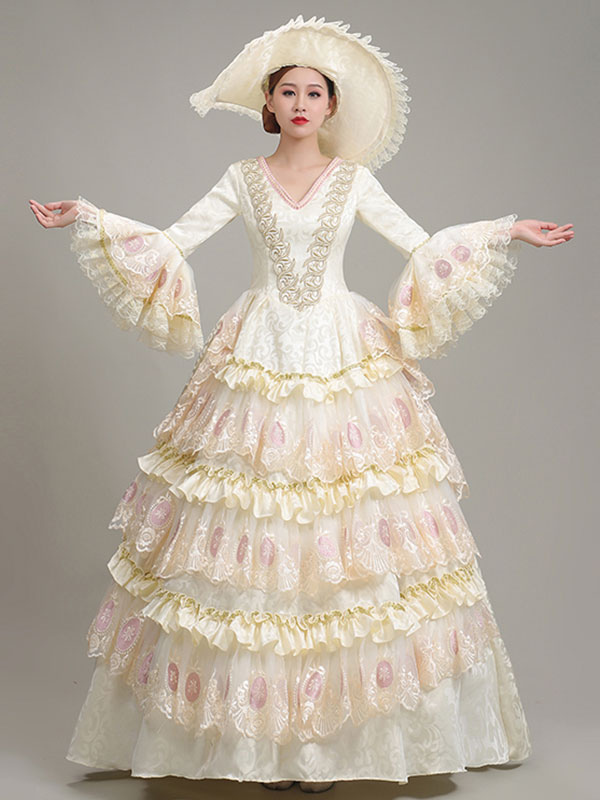 Trajes retro blancos crudos Encaje Poliéster Vestido con estampado floral  Mujer Vintage Marie Antoinette Traje Túnica Traje del siglo XVIII -  