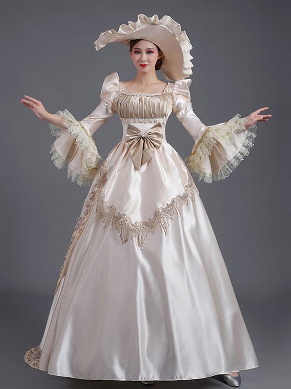 champagne dress costume Victorian Vintage Inspired Champagne Retro Costumes Women's Lace Ruffles Polyester Headwear Dress Retro Marie Antoinette Costume 18th Century Costume Carnival Dress