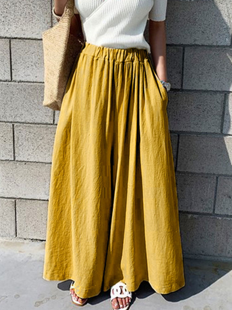 Women's Clothing Women's Bottoms | Pants Yellow Cotton High Rise Waist Trousers - VA23222