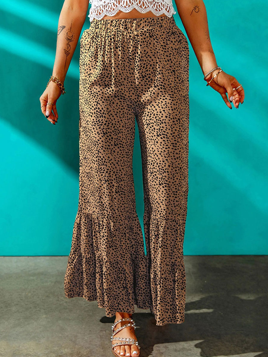 Women's Clothing Women's Bottoms | Pants Khaki Polyester High Rise Waist Leopard Print Trousers - LO24086