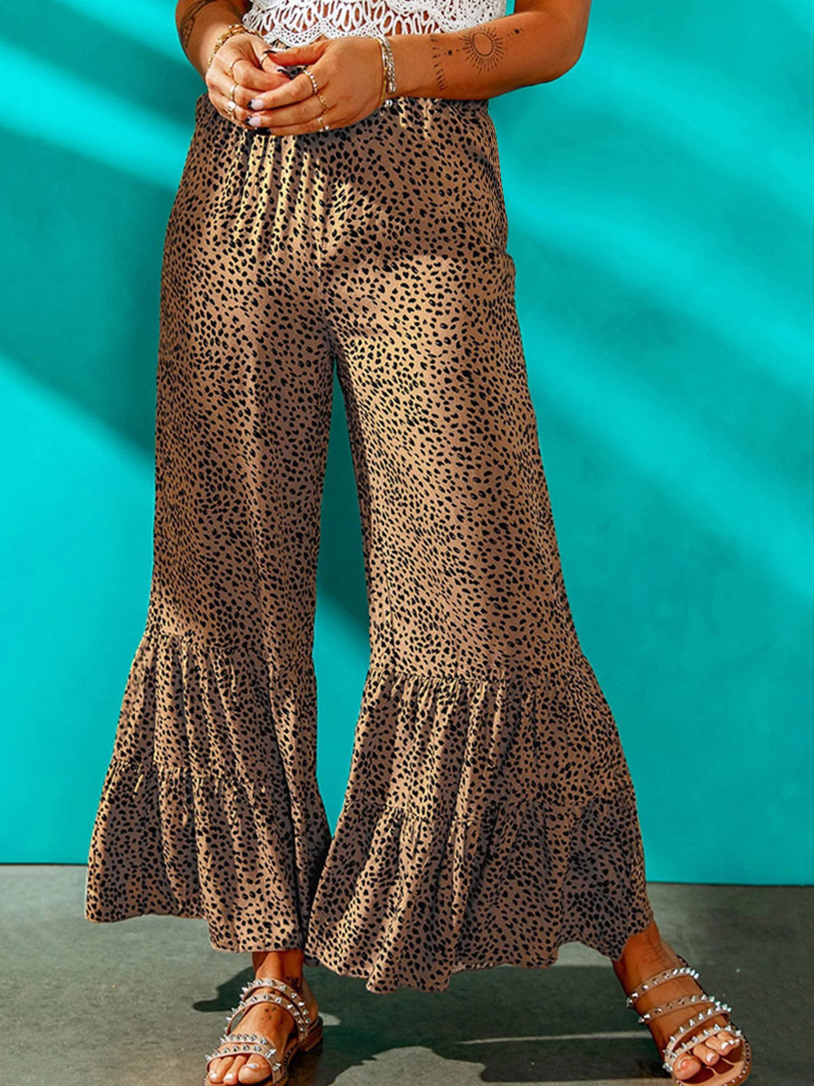 Women's Clothing Women's Bottoms | Pants Khaki Polyester High Rise Waist Leopard Print Trousers - LO24086