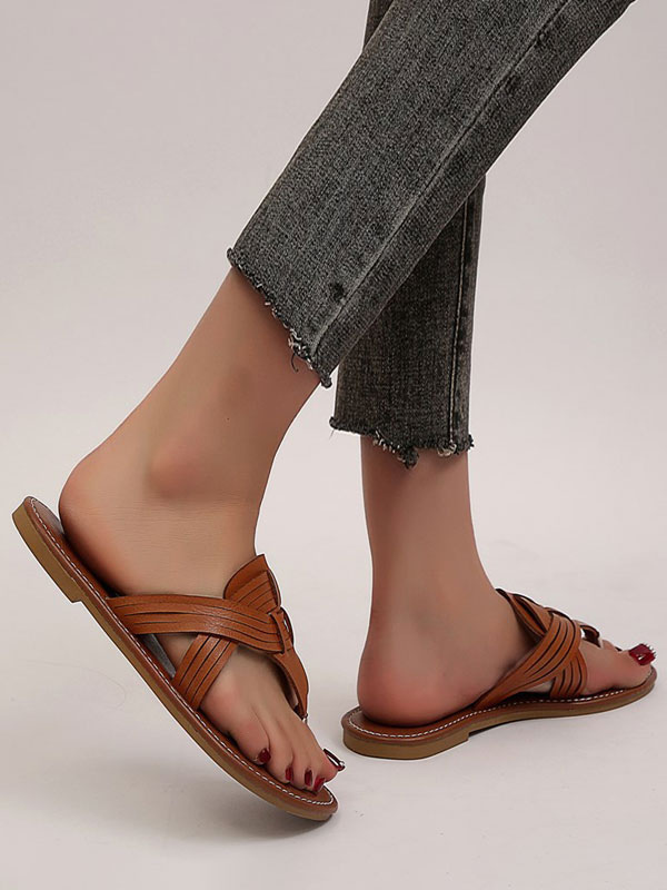 Chaussures Chaussures femme | Sandales à glissière pour femmes Chaussons plats à bout ouvert en cuir PU chic - FG13779
