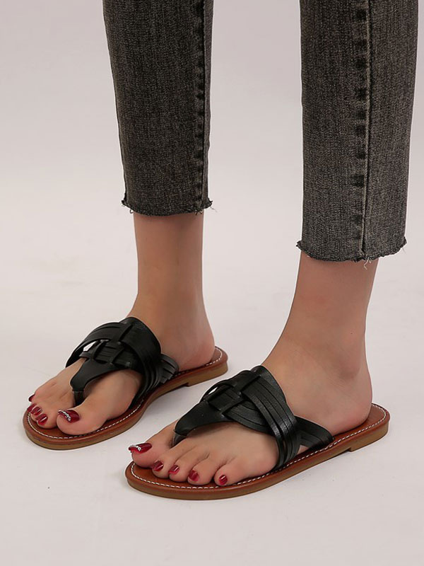 Chaussures Chaussures femme | Sandales à glissière pour femmes Chaussons plats à bout ouvert en cuir PU chic - FG13779
