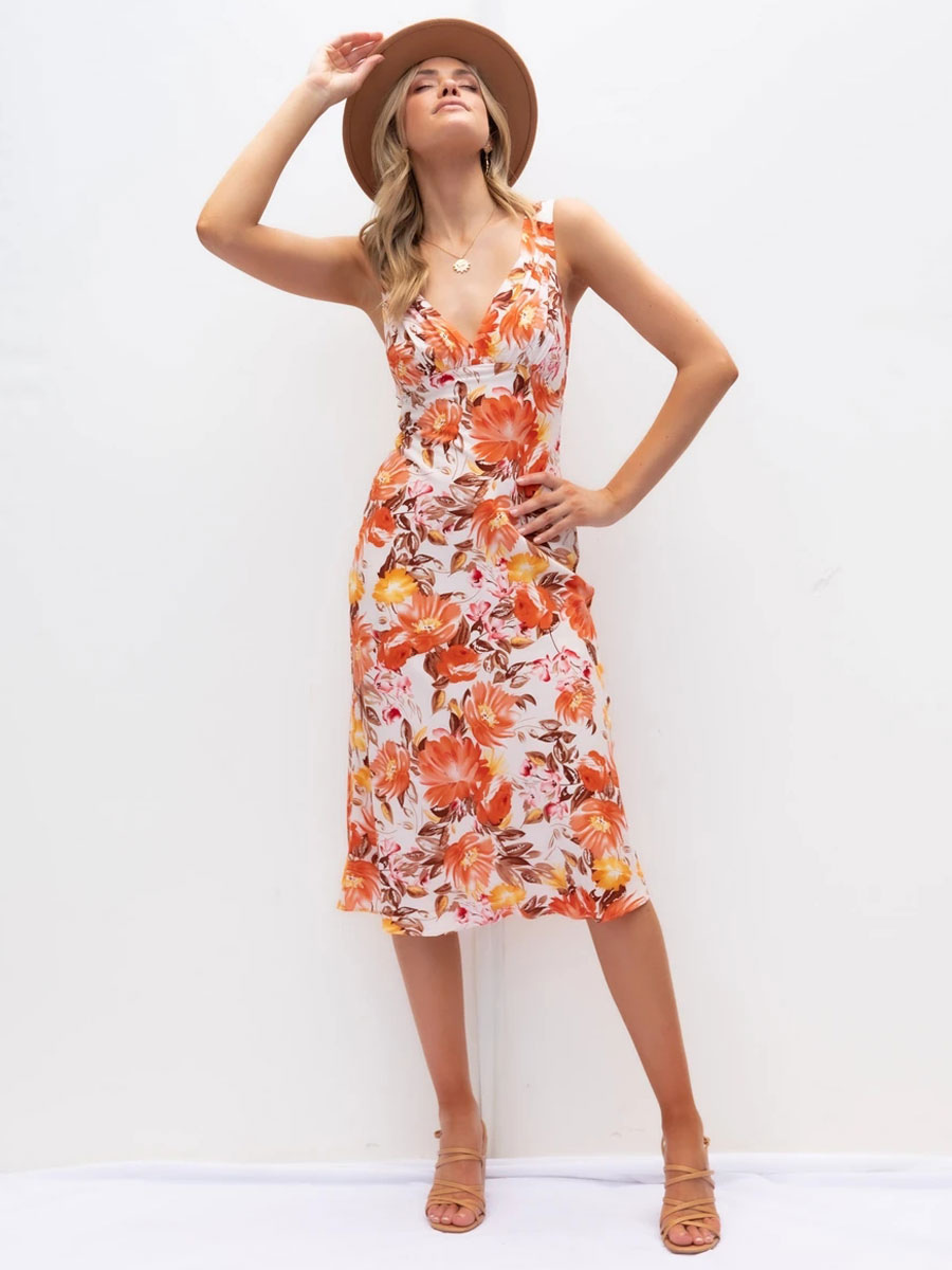 Moda Mujer Vestidos | Vestido de verano con cuello en V estampado floral naranja vestido de playa mediano - NQ47056