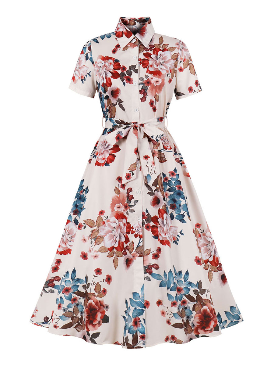 Mode Femme Robes | Robe de Vintage 1950s Courte Femme Imprimés à Col Revers avec Manches Courtes Coupe Cintrée à Lacets Bas Evasée - NG15780